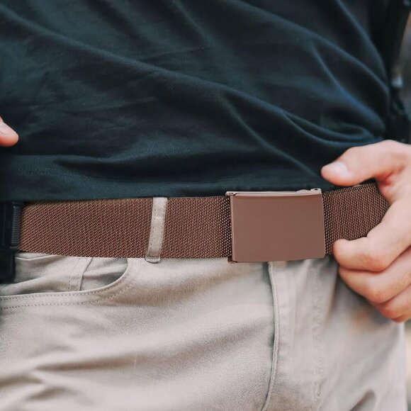 Women\'s 2 Canvas Black And Brown Adjustable Elastic Web Belt Top Military Buckle